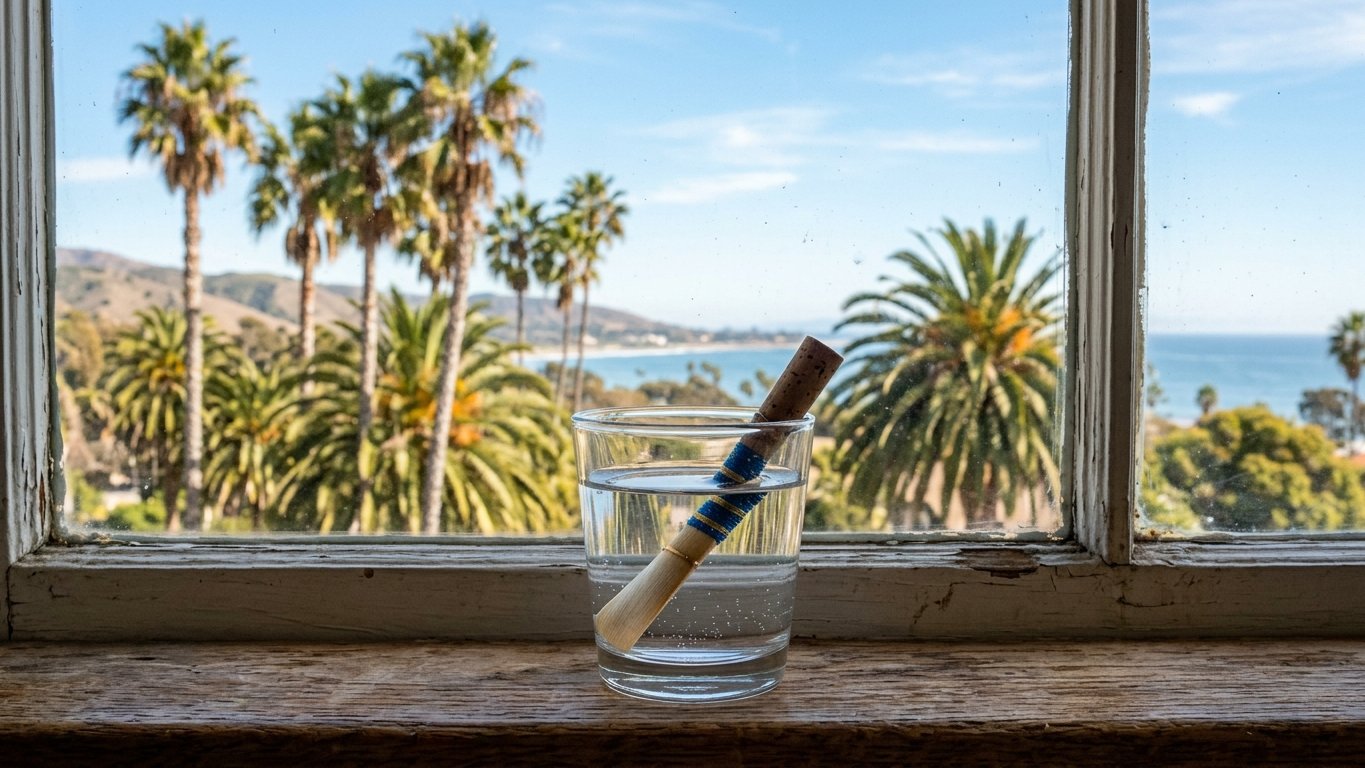 Illustration: an oboe reed soaking in a glass of water on a windowsill, palm trees and the ocean outside