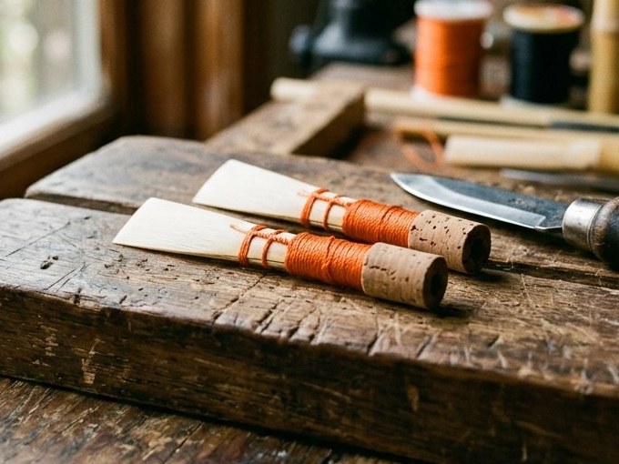 Illustration: two finished oboe reeds with orange thread and cork on a wooden workbench, a reed knife beside them
