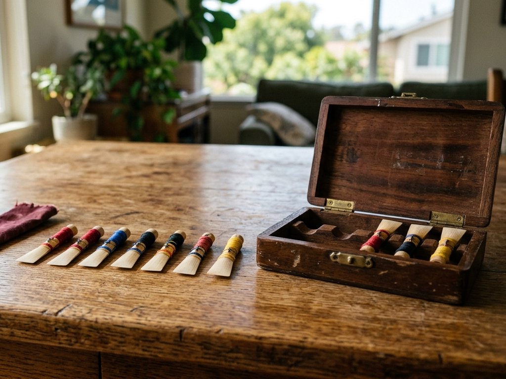 Illustration: oboe reeds with colored thread wraps laid out beside a wooden reed case