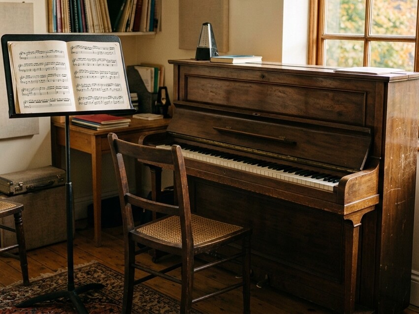 Illustration: a teaching room with an upright piano, a music stand with an open score and a cane chair