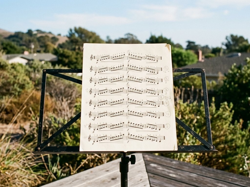 Illustration: a page of scales on a music stand outdoors