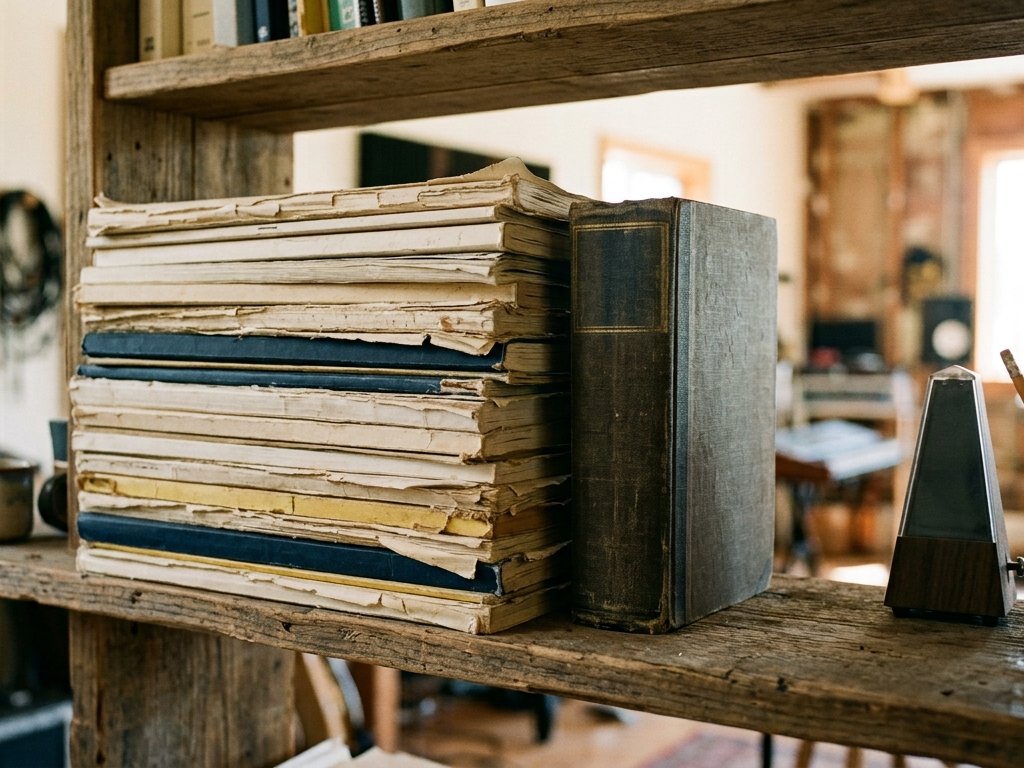 Illustration: stacked scores, an old book and a metronome on a studio shelf