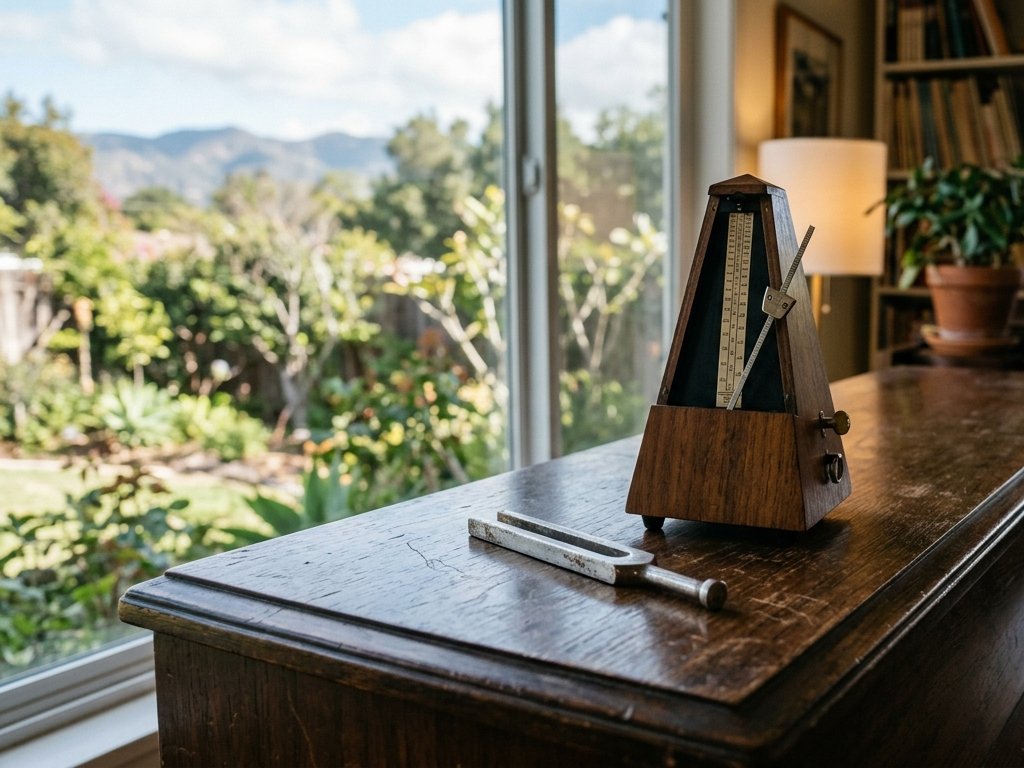 Illustration: a metronome and a tuning fork on a wooden piano top by a garden window