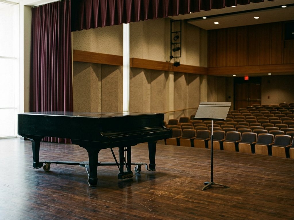 Illustration: an empty recital stage with a grand piano and a single music stand